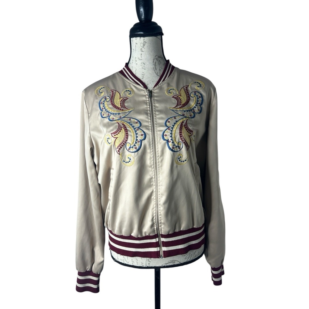 Chelsea & Violet Womens Floral Embroidered Satin Varsity Jacket Size XL